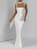 Sexy Satin Evening Long Dresses for Women Square Collar Sleeveless High Waist Folds Slimming Bodycon Dress Female