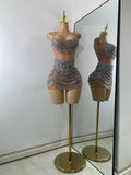 Sparkly Crystals Diamonds Mesh See Through Mini Dress Luxury Women Sexy Sleeveless Perforamnce Dance Costume Night Club Wear