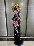 Black Khaki Women Sexy Halter Backless 3D Flowers Bodycon Long Maxi Dress Celebrate Evening Party Performance Costumes Wear