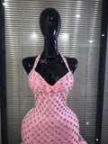 Pink Black Women Sexy Halter Off the Shoulder Sparkly Crystal Ruffles Bodycon Bandage Mini Dress Celebrate Evening Party Outfit