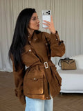 Women Oatmeal Soft Suede Stand Collar Snap Button Pocket Jackets Long Sleeve Coats Autumn Daily Office Party Chic Outerwear 2026