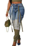 Women High Waist Skinny Jeans Patchwork Spliced Ribbon Decor Cargo Pocket Slim Fashion Denim Pants Autumn