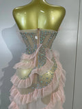 Sexy Strapless Mesh Ruffled Pink Long Dress Sparkly Diamond Birthday Evening Party PhotoShoot SeeThrough Nightclub Stage Costume