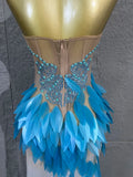 Strapless Rhinestone Evening Gown 3D Leaf Feather Appliques Sheer Mesh LongDress Prom Birthday Party Performance Formal Costume