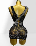 Stylish Dark Metal Chain Glam Perspective Mesh Dress Party Stage Performance Costume Fairy Ball Gown Woman Dresses Elegant Party