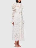 VGH Minimalist Solid Dresses For Women Stand Collar Long Sleeve High Waist Spliced Hollow Out Slim Chic Dress Female Summer 2025