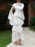 Retro Luxurious Wedding Dress for Women Stand Collar Flare Sleeve Spliced Ruffles Irregular Hem Party Long Dresses Female