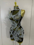 Sparkly Silver Diamonds 3D Butterfly Mesh See Through Mini Dress Women Eveing Party Birthday Bar Nightclub Sexy Stage Costumes