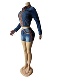 Denim Hipster 2piece Set Woman Pocket Zip Polo-Neck Crop Jacket+Skinny Shorts Street Vintage Casual Matching Outfits