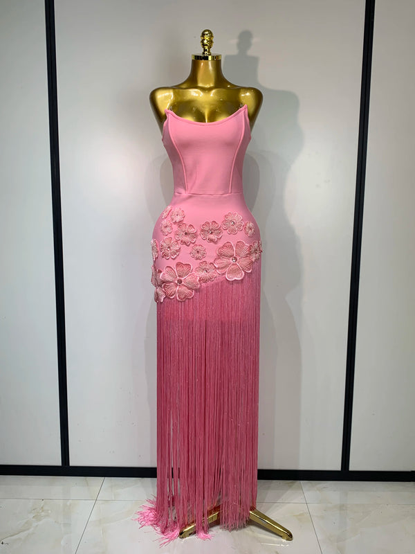 Women Sexy Strapless Pink Flower Tassel Bodycon Bandage Dress Elegant Evening Club Party Luxury Birthday Cocktail Prom Dress