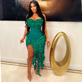 Women Summer Strapless Ruffles Tassel Dress Women Glamour Red 3D Flower Irregular Party Dress Celebrity Outfits Clubwear
