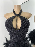 Women Sexy Halter Beading Feather Tight Bodysuit Nightclub Performance Leotard Luxury Party Celebrate Stage Wear