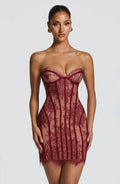 Elegant Women's Strapless Lace Long Dress Sexy Corset Maxi Dresses Summer Evening Party Cocktail Prom Wedding Guest Red Black