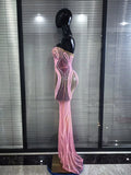 Luxury Pink Sparkly Squined Mermaid Dress Strapless Mesh See Transparent Birthday Party Outfit Celebrate Show Designer Vestidos