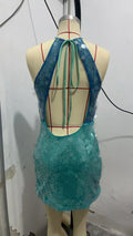 Sexy Sequin Shiny Mini Dress Women Luxury Blue Green Patchwork Halter Backless Short Dresses Evening Party Bright Dresses Beach