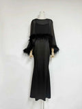 Formal Feather Cape Sleeve Maxi Dress for Women O Neck Spaghetti Strap Floor Length Long Evening Prom Cocktail Party Gown