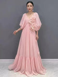 Women Maxi Dresses V Neck Lantern Sleeve 3D Flower Ruffle Hem Big Swing Elegant Vacation Summer