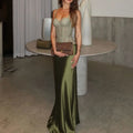 Elegant Green Skirt Set For Women Chic Fishbone Sleeveless Backless Lace Up Vest Satin Long Skirt Lady Evening Party Outfit