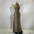 Women Sexy Eveing Party Club Birthday Stage Dress Elegant Halter Leopard Sleeveless Shiny Sequins Backless Bodycon Long Dress