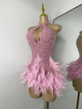 Women Sexy Halter Beading Feather Tight Bodysuit Nightclub Performance Leotard Luxury Party Celebrate Stage Wear