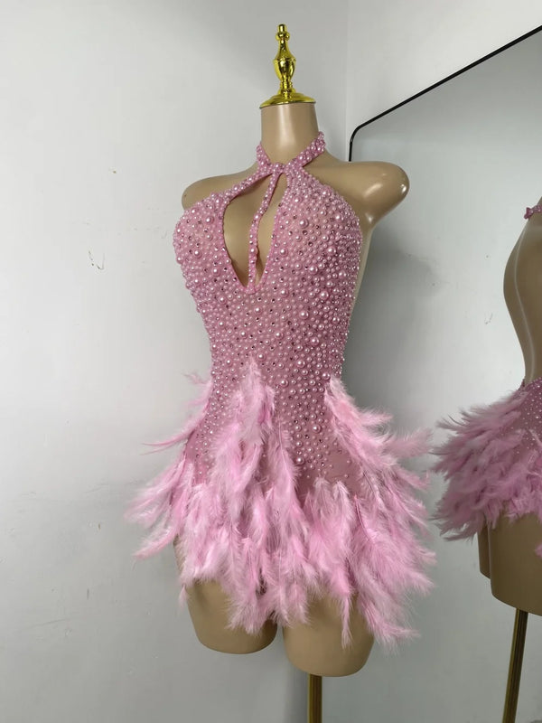 Women Sexy Halter Beading Feather Tight Bodysuit Nightclub Performance Leotard Luxury Party Celebrate Stage Wear