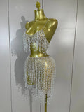 Women Evening Prom Birthday Celebrate Sexy Nightclub DJ Stage Costume Luxury Diamond Beading Mesh Strap Top Skirt Two Pieces Set