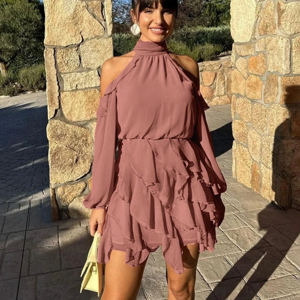 Off The Shoulder Short Dress Female Stand Collar Long Sleeve Ruched Waist Ruffles Dresses for Elegant Retro Date