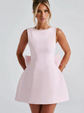Chic Pearl Bow Short Dress for Women Backless Casual Mini Dresses White Black Pink Wedding Guest Summer Bridesmaid Robe Birthday