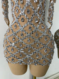 Luxury Women Sexy Sparkly Sequins Halter with Sleeves Mesh Mini Bodycon Nightclub Birthday Dress Party Performance Costume