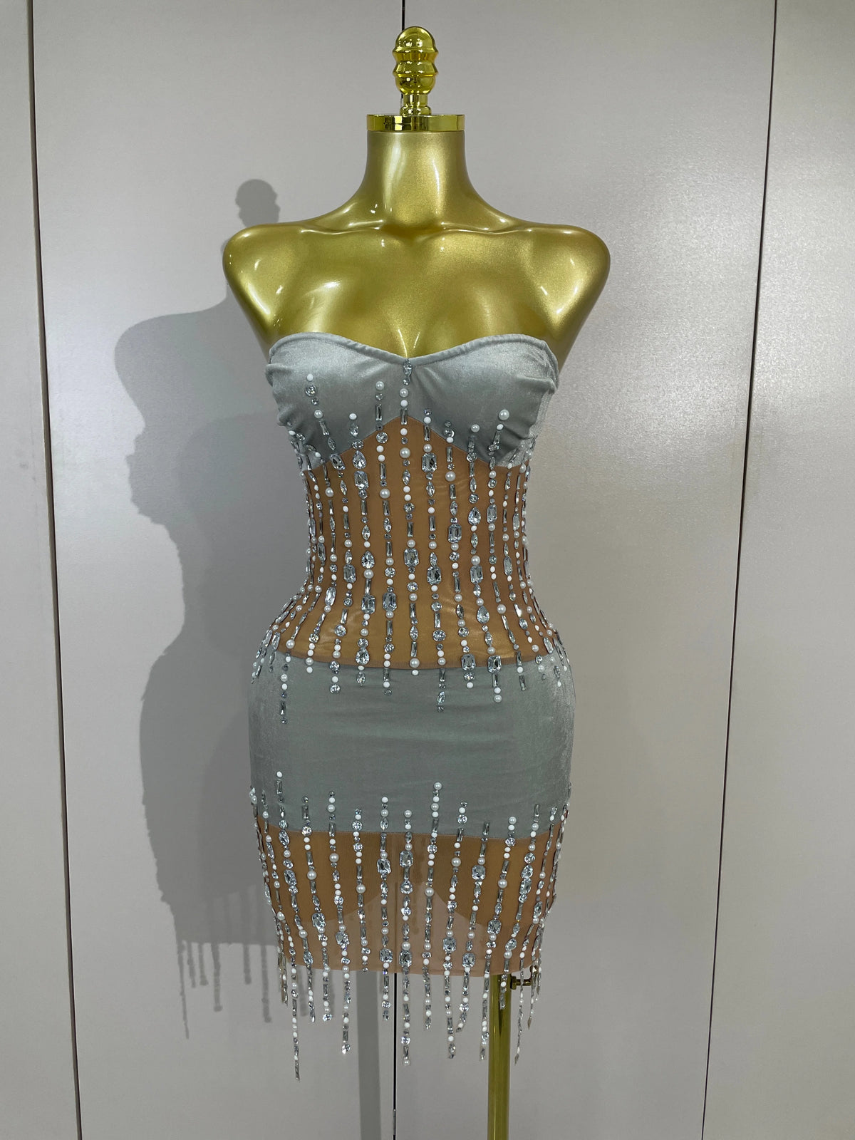 Sexy Strapless Rhinestone Pearl Chain Mesh Mini Dress Women Luxury Birthday Party Nightclub Celebrity Stage Performance Outfit