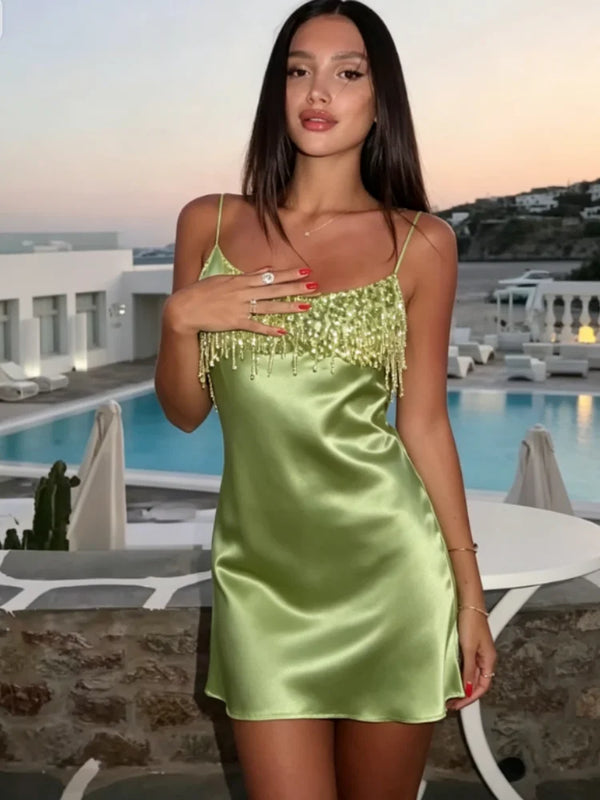 Women Chic Lime Green Satin Slip Skirt Sexy Sequin Fringe Bust Spaghetti Strap Bodycon Mini Dress Summer Party Vacation Wear New