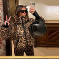 Women Leopard Print Hooded Ski Suit Set Waterproof Windproof Snow Jacket Pants Two Piece Outfit Winter Snowboard Skiing Costume