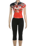 Floral Print Lace-Up Hollow Stand Collar Short Sleeve T-Shirts+Skinny Wrap Hip Crop Pants Woman Sexy Fashion Suits