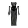 Sexy Strapless Sequin Mesh See Through Long Dress with Gloves Women Perspective Design Slim Dresses Evening Party Gowns