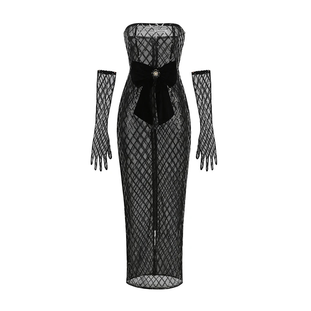 Sexy Strapless Sequin Mesh See Through Long Dress with Gloves Women Perspective Design Slim Dresses Evening Party Gowns