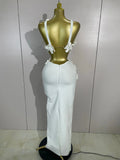 Sexy White Two Pieces Set Flowers V-Neck Tops Bodycon Long Dress Women Eveing Party Prom Gown Nightclub Celebrate Birthday Dress