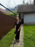 Satin Lace Patchwork Print Dress Women Black V-neck Short Sleeves High Waist Long Dresses Lady Hollow Out Daily Party Vestidos