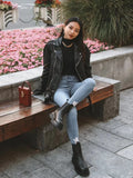 Women's Motorcycle Leather PU Imitation Leather Loose Jacket Black Jacket