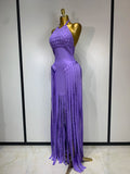 Women Sexy Sleeveless Halter Tassel Bodycon Bandage Dress Purple Black Elegant Evening Party Nightclub Birthday Prom Dress
