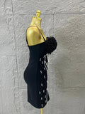 Elegant Black Bodycon Dress with Pearl Embellishments and Tulle Rose Bustier Ideal for Women Formal Event Evening Party