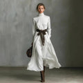 Autumn Elegant High Collar Solid Color Long Sleeved A-line Large Dresses Women Temperament Vacation Long Dress Chic Evening Gown