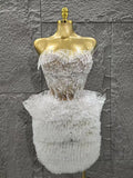 Glamorous White Lace Strapless Tops Ruffles Mini Skirt 2 PCS Set Women Evening Party Nightclub Singer Stage Performance