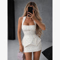 White Pink Floral Choker Neck Dress Women Elegant V-neck 3/4 Sleeves Peplum Ruffle Hem Long Dresses 2026 Lady Daily Vestidos New