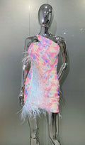 Women's Gorgeous Feather Gradient Sequin One-shoulder Ultra-short Dress Fashion Hot Party Evening Performance Gown Show Costumes
