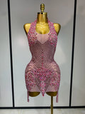 Women Sexy Halter Crystal Bodycon Mini Dress Celebrate Nightclub Performance Stage Outfit Luxury Birthday Photo Shoot Dress
