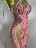 2026 Sexy Sparkly Pink Rhinetones Sequins Strapless Mesh Sheer Long Dress Birthday Evening Celebrate Party Nightclub Stage Wear