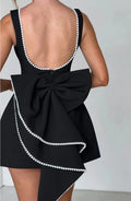 Chic Pearl Bow Short Dress for Women Backless Casual Mini Dresses White Black Pink Wedding Guest Summer Bridesmaid Robe Birthday