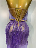 Women Sexy Strapless Purple Rhinestone Tassels Maxi Long Dress Birthday Photo Shoot Bar Nightclub Stage Performance Outfit