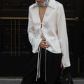 Solid Loose Temperament Blouse for Women Lapel Long Sleeves Patchwork Lace Up Elegant Top Female Fashion Clothing
