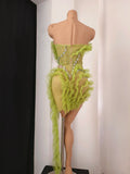 Sparkly Green Diamonds Sexy Mesh Asymmetric Bodycon Mini Dress Celebrate Eveing Birthday Party Nightclub Red Carpet Stage Wear